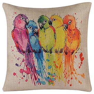 Kartik Multicolor jute fabric Digital Bird print cushion cover 12X12 (set of 5)
