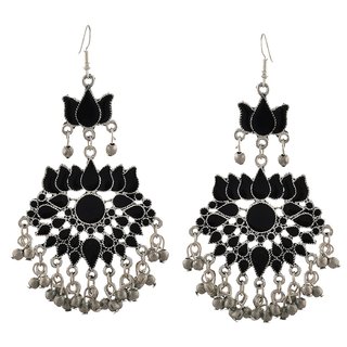 Sparkle Fashion Oxidized Silver Afghani Tribal Dangler Hook Chandbali Earrings for Girls and Women