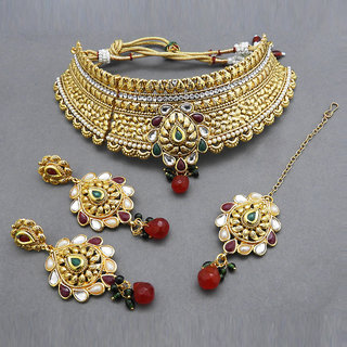 JewelMaze Stone Kundan Copper Necklace Set With Maang Tikka-FBA0013B