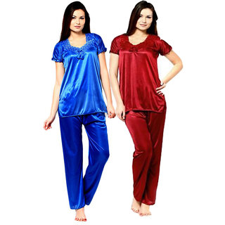 Solid Satin Nightwear Sleepwear Combo Set of Nightsuit