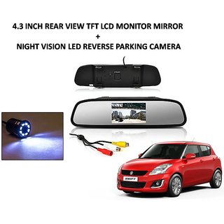 Combo of 4.3 Inch Rear View TFT LCD Monitor Mirror and Night Vision LED Reverse Parking Camera For Maruti Suzuki Swift