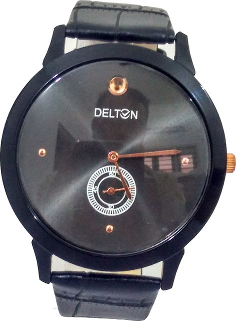 Delton wrist leather Belt Black watch for Man side second