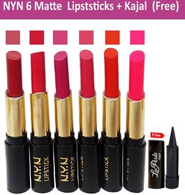NYN Moisturzing Matte Lipstick (Pack of 6) + Free kajal