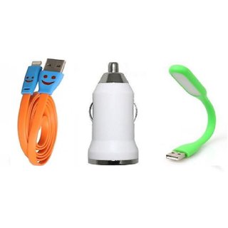 (Tricolor combo No 6 ) 3 in 1 combo of Car Charger, Charging Data Cable and Led Light by KSJ