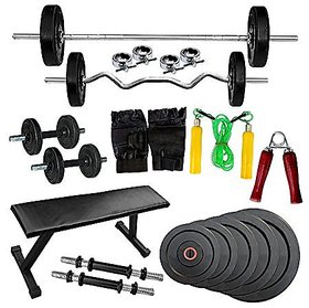 H-tagFitness 30 Kg Home Gym Set + Flat Bench + 5ft Bar + 3 ft Curl Bar with Spring Lock + More
