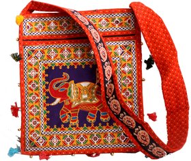 Vrindavan Bazaar A cotton fabric elephant design work long handle hanging bag