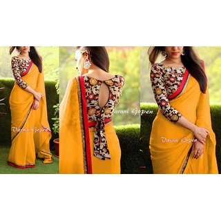 Yellow printed georgette saree with blouse