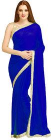 Women's  Royal Blue Georgetta Sari Parel Work With  Blouse Pieces