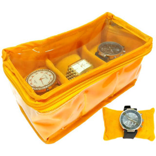 Atorakushon 3 slot Watch Bracelet Jewellery Bangle Holder Gift Case Storage Vanity Box (Saffron)