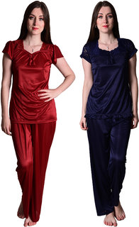 Senslife Maroon Navy Blue Plain Satin Nightwear Combo Pyajama Set of 2 Night Suits SLCOM001B