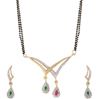 Bhagya Lakshmi Gold Plated Red And Green Ruby Studded Mangalsutra Necklace set Tanmaniya With Earring For Women