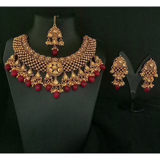 JewelMaze AD Stone Copper Necklace Set with Maang Tikka-FBB0052