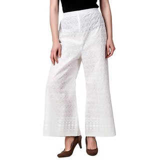 Chikan Women's Cotton Hand Embroidered Palazzo Pant (White),trousers