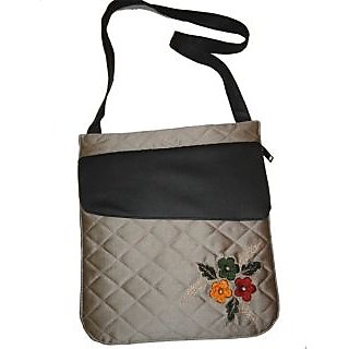 Trendy Grey Silk Sling Bag With Contrasting Black Leather Flap