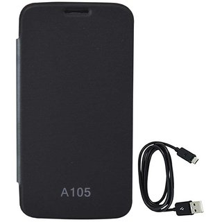 TBZ Flip Cover Case for Micromax Canvas Entice A105 with Data Cable -Black
