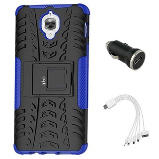 TBZ Hard Grip Rubberized Kickstand Back Cover Case for OnePlus 3 / OnePlus 3T with Car Charger and 5 in 1 Multi charging USB Cable -Blue