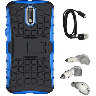 TBZ Hard Grip Rubberized Kickstand Back Cover Case for Motorola Moto G4 Plus with Car Charger and Data Cable -Blue