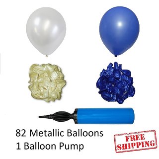 82 Blue and White Metallic Balloons with Balloon Pump for Baby boy Birthday decorations Qty 82