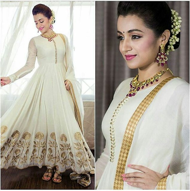 Buy Women's White Thread Anarkali With Chanderi Skirt Set Of 3 - Label  Shaurya Sandhya Online at Best Price | Trendia