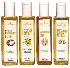 Park Daniel Premium Virgin Coconut oil Olive Oil and Sesame oil and Sweet Almond oil Combo of 4 bottles of 100 ml(400ml)