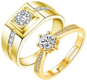 King  Queen Love Forever 24KT Gold Cubic Zirconia Elements Adjustable Couple Rings