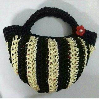 Handmade small Malai cord handbag black and off white