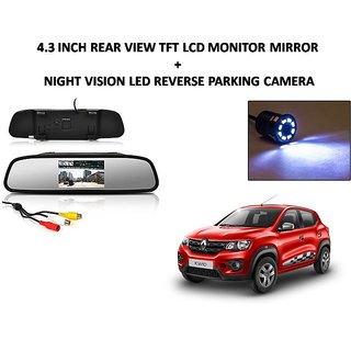 Combo of 4.3 Inch Rear View TFT LCD Monitor Mirror and Night Vision LED Reverse Parking Camera For Renault Kwid