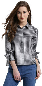 Texco Women Black Gingham Checkered Ruffled Sleeves Shirt Top