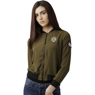 Women's Olive Green Round Neck Full Sleeve Solid Zippered Embroidered Bomber Jacket