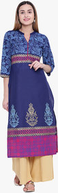 Varkha Fashion Women's Blue Block Print Long Straight Stitched Kurti