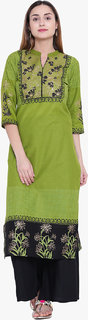 Varkha Fashion Women's Green Block Print Long Straight