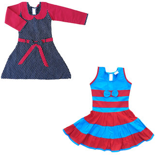Flora's Self Design Cotton Frocks For Girls (Combi Pack of 2)