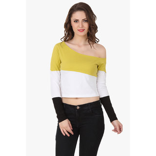 Texco Women Lime Yellow, White & Black Color block Full sleeve One off shoulder Top