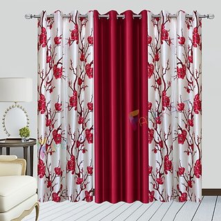 Famekart Royal Maroon Long Crush 2 Floral Curtain  1 Plain Curtain Long Door Curtain (Pack of 2 Piece 9 Feet Curtain)