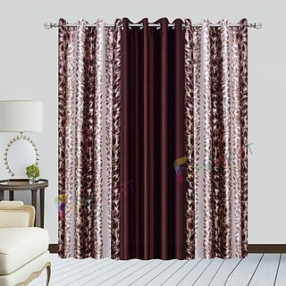 Famekart Royal Brown Long Crush 2 Leaf Curtain  1 Plain Curtain Long Door Curtain (Pack of 2 Piece 9 Feet Curtain)