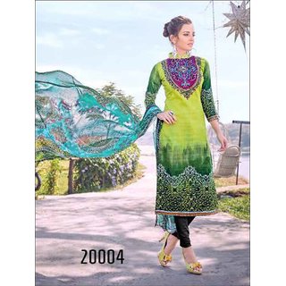 Shruti Cretion Women's Green Embroidered Semi- Stitched Cotton Dress Material