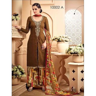 Shruti Cretion Women's Brown Embroidered Semi- Stitched Cotton Dress Material