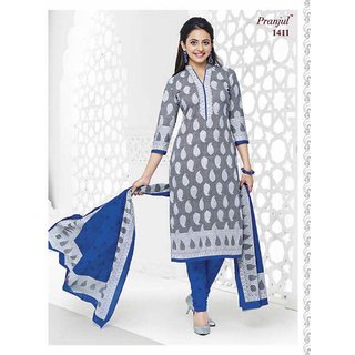 Shruti Cretion Women's Grey Embroidered Semi- Stitched Cotton Cotton Dress Material