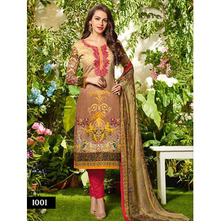 Shruti Cretion Women's Brown Embroidered Semi- Stitched Cotton Dress Material