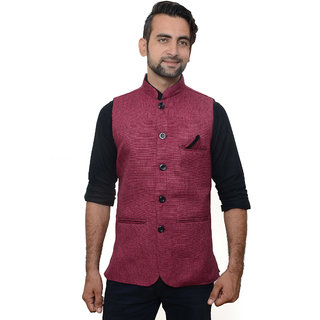 OORA HARTMANN Mens Cherry Color Woven Cotton Blend Nehru and Modi Jacket Ethnic Style For Party Wear