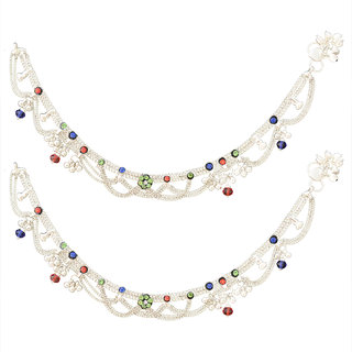 Sparkling Silver Plated Multistrand Alloy Heavy Payal with Multicolor Crystal  Stone