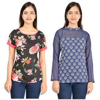 Timbre Women Stylish Mega Sleeves Black Floral N Blue Top For Women/Ladies