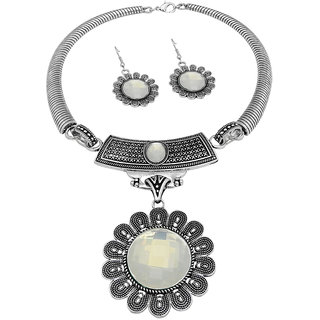 JewelMaze White Crystal Stone Silver Plated Necklace Set - AAB1948