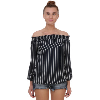 Jollify Black and White Stripe Polyester Women's Off-Shoulder Top