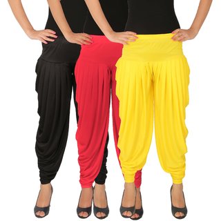 Dhoti Pants Women - Culture the Dignity Women's Lycra Side Plated Dhoti Patiala Salwar Harem Pants Combo - C_SP_DH_BPY - Black - Pink - Yellow - Pack of 3