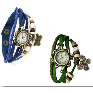 Jack Klein Round Dial BlueGreen Leather Strap Womens Quartz Watch