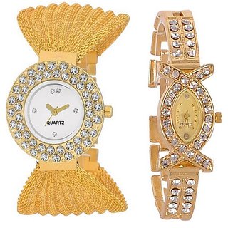 Varni Retail Double Diamond White Dial And AKS Girls Wrist Watch Combo For Women