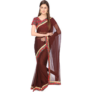 Ashika Coffee Brown Chiffon Embroidered Saree for Women with Blouse Piece