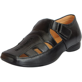 Fausto Men's Black Premium Leather Outdoor Sandals