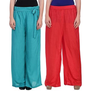 Jollify Women's Red & Green Rayon Solid Palazzo (Pack of 2)